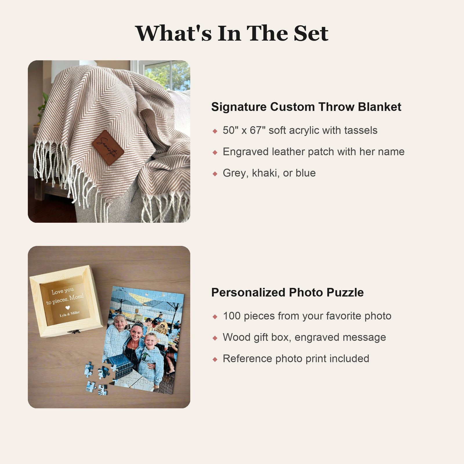 What's included graphic for the Cozy Night In Gift Set listing the personalized throw blanket details and the custom photo puzzle with engraved wood box