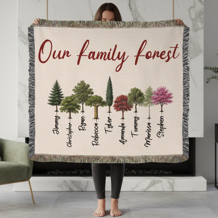 Woven blanket with "Our family forest" text in burgundy script above nine illustrated trees in various colors and styles, each labeled with a sample family name, displayed against a cream background with gray fringe trim.