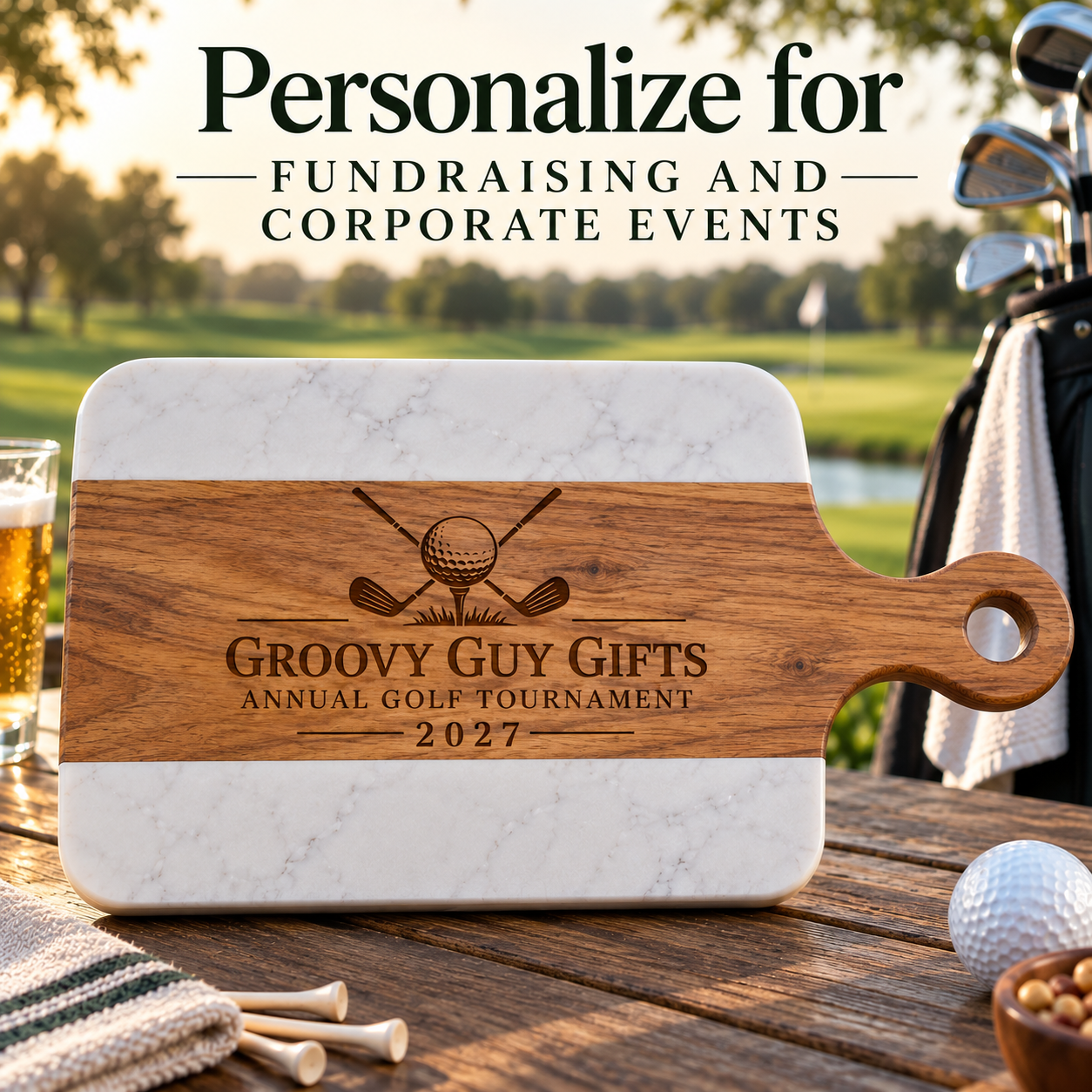 Custom logo charcuterie board styled with grapes, cheese, crackers, and prosciutto, shown above the four included wood-handled cheese tools.