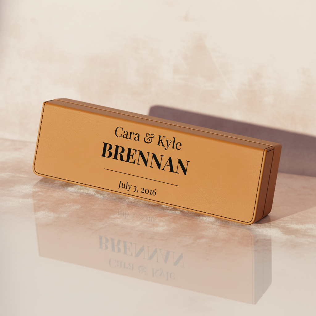 Tan leatherette wine box with laser-engraved sample text "Cara & Kyle BRENNAN" and date "July 3, 2016" on lid, displayed at an angle on marble surface