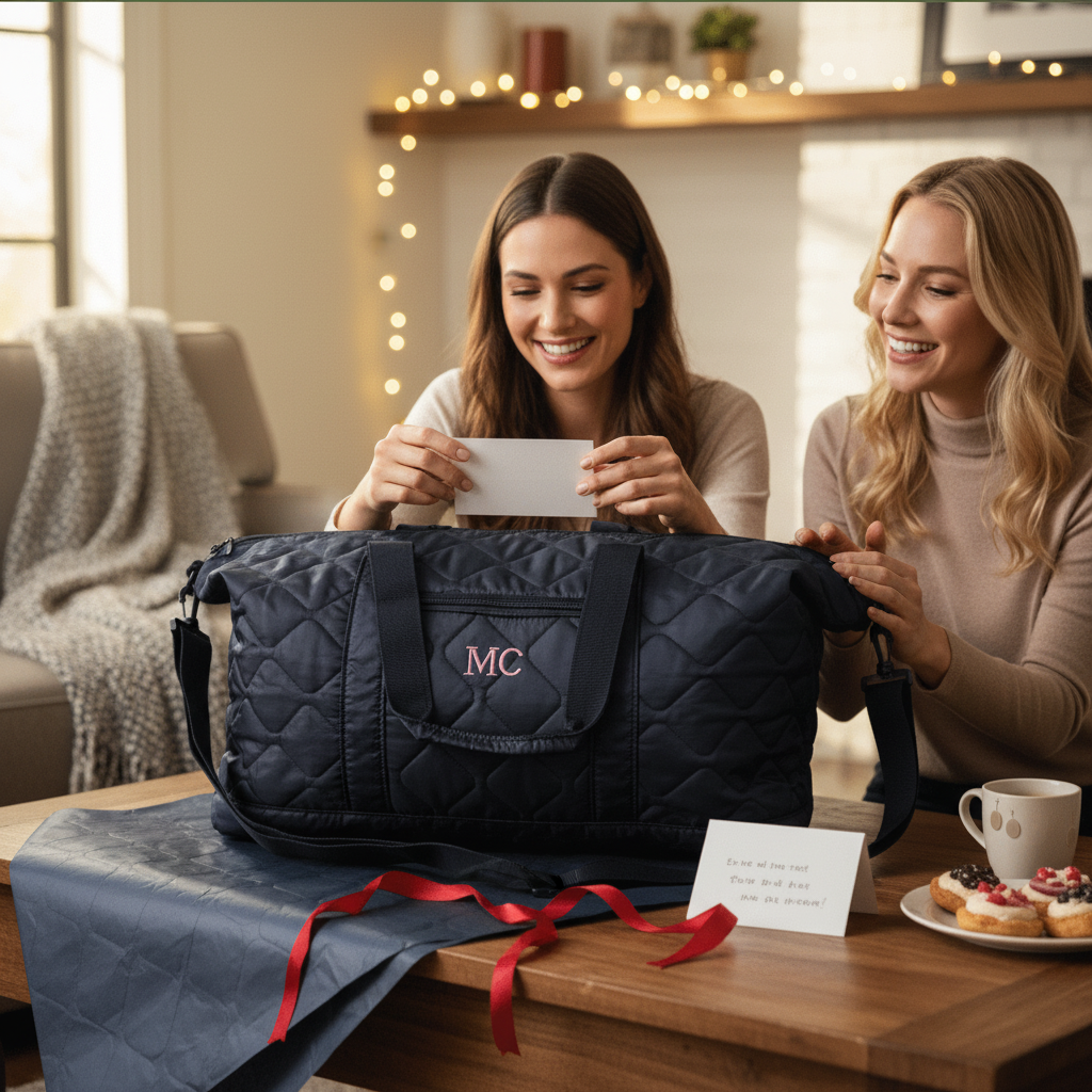 Navy quilted duffel bag embroidered with sample initials "MC" on front flap, displayed on wooden table with red ribbon bow.