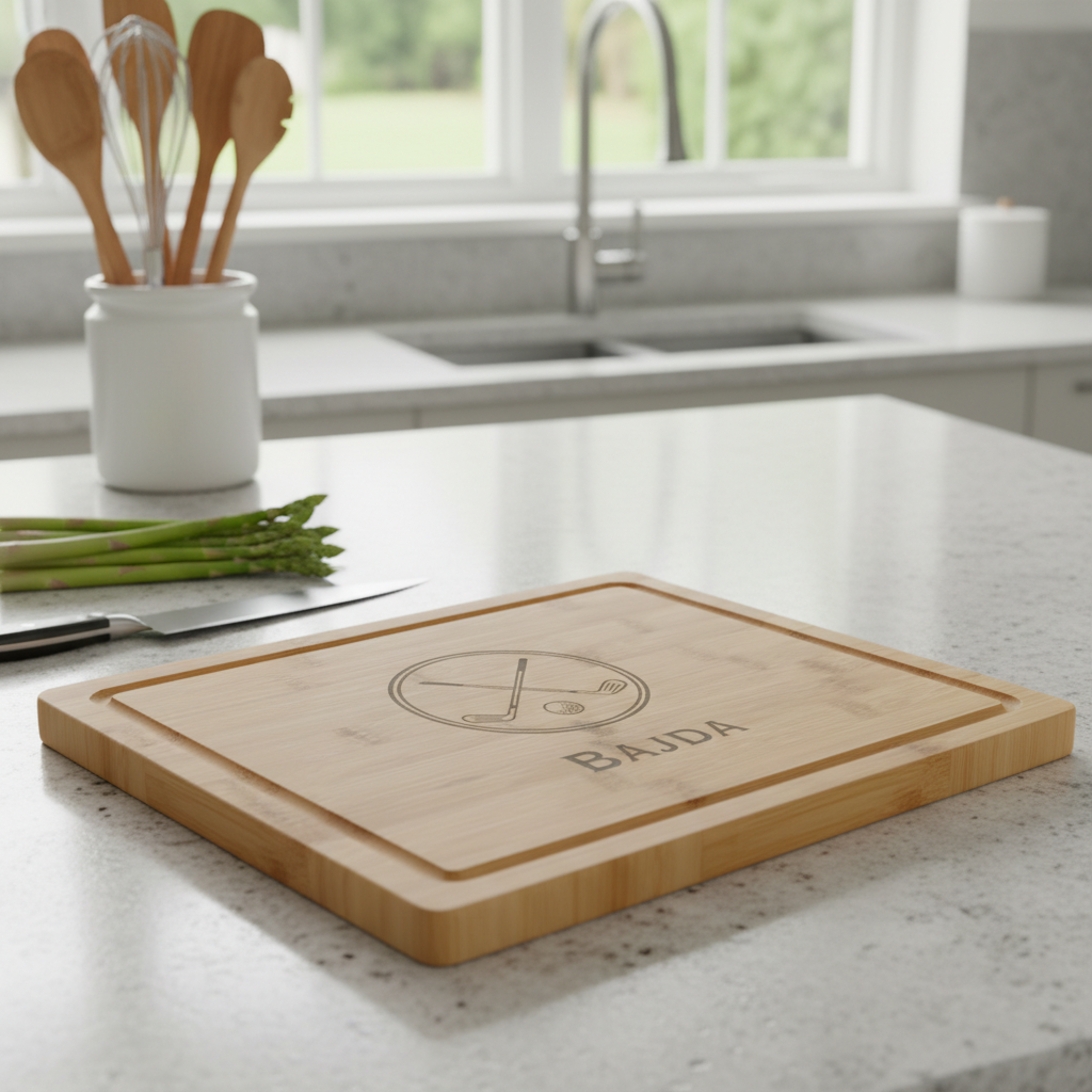 Fairway Hostess Cutting Board for the woman who plays golf, with crossed-clubs engraving and her name on bamboo