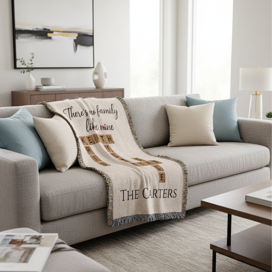 Cream woven blanket with fringed edges draped over a gray sofa, displaying sample text "There's no family like mine" and names "KEITH," "LILY," and "THE CARTERS" woven in a crossword-style pattern.