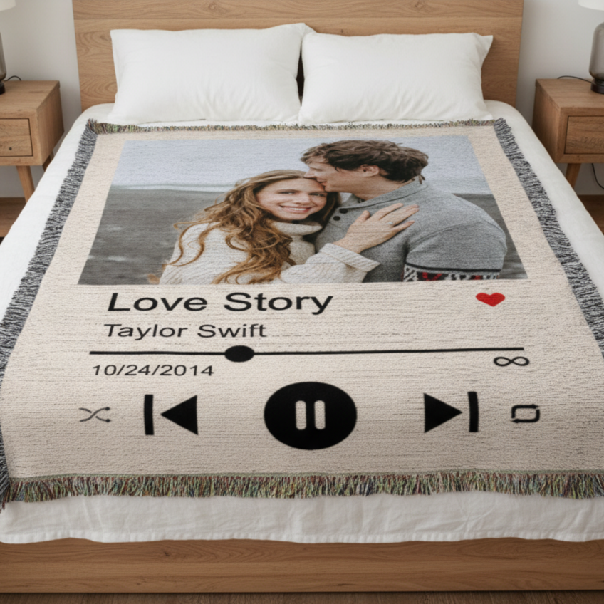 Woven custom blanket for her featuring photo, love song, artist, and date – perfect romantic gift or first dance keepsake