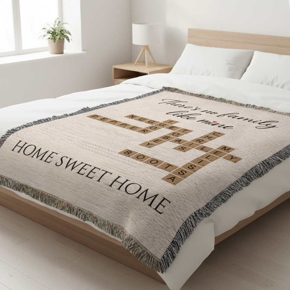 Beige woven blanket draped across a bed displaying sample family names woven into a crossword puzzle design with "HOME SWEET HOME" text and gray fringe trim.