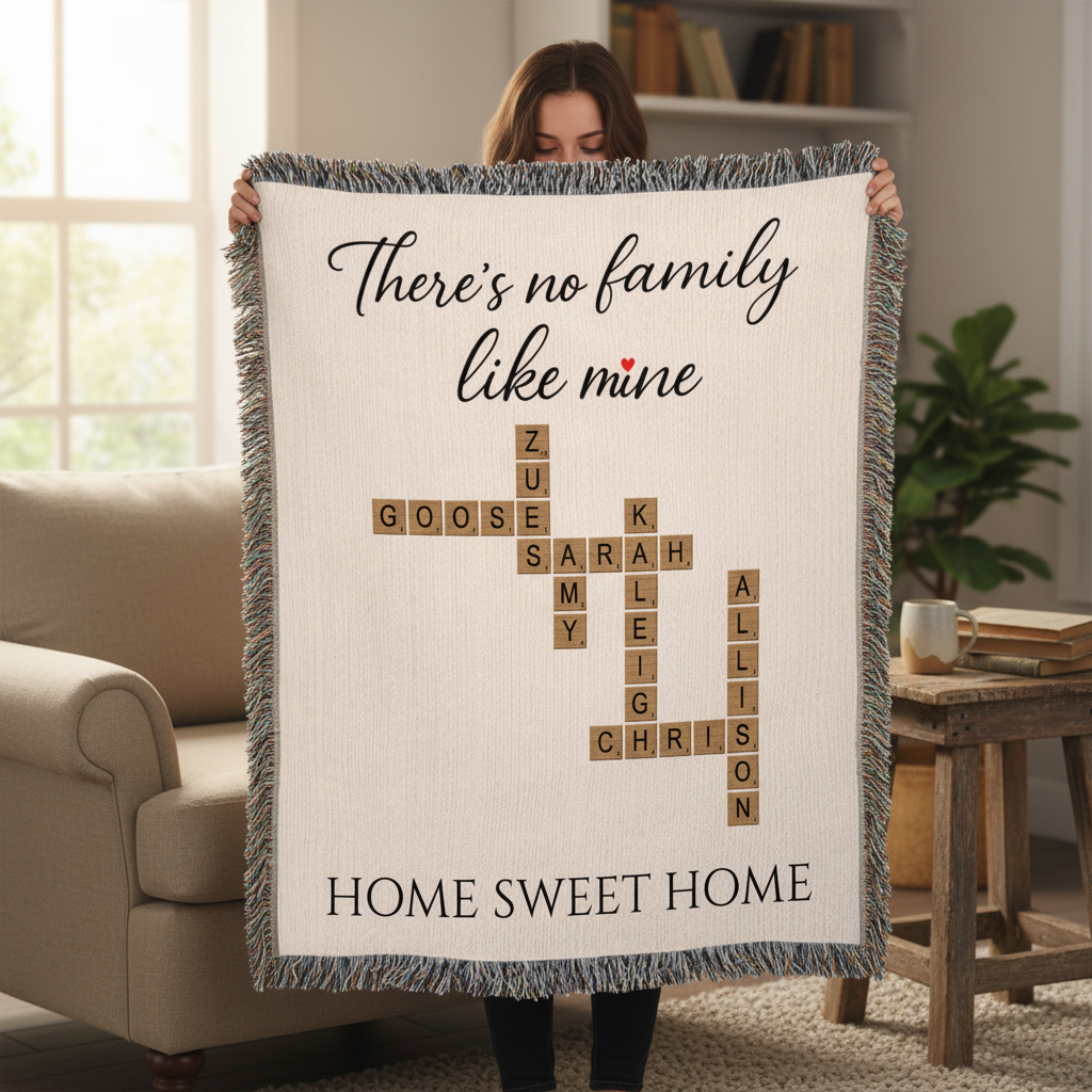 Woman holding cream woven blanket with "There's no family like mine" text and sample family names woven in crossword pattern with "HOME SWEET HOME" at bottom