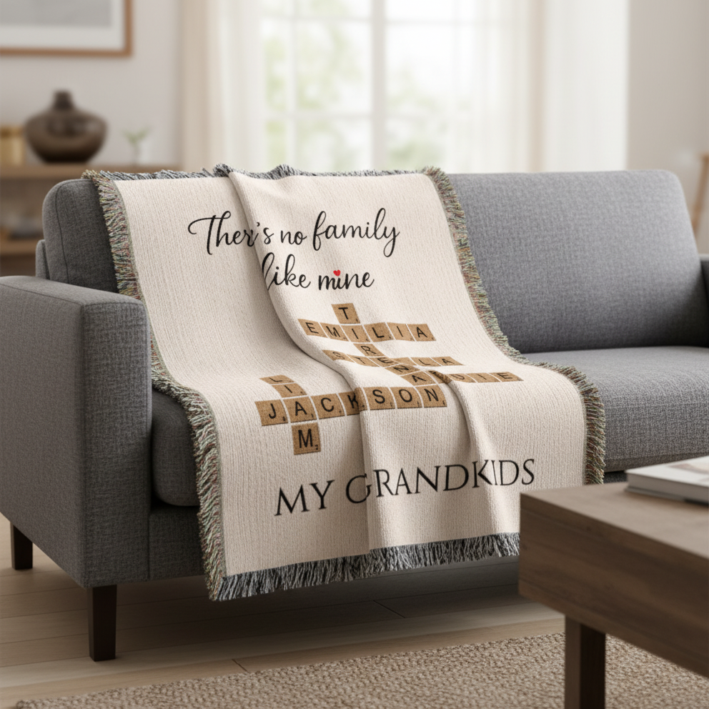 Cream woven blanket draped over gray sofa displaying "There's no family like mine" text with sample names Emelia, Jackson, and M woven in crossword-style pattern, fringed edges visible.