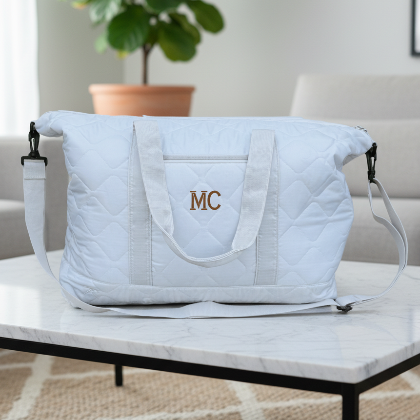 Monogrammed Modern Weekender White quilted personalized duffle bag with 'MC' monogram