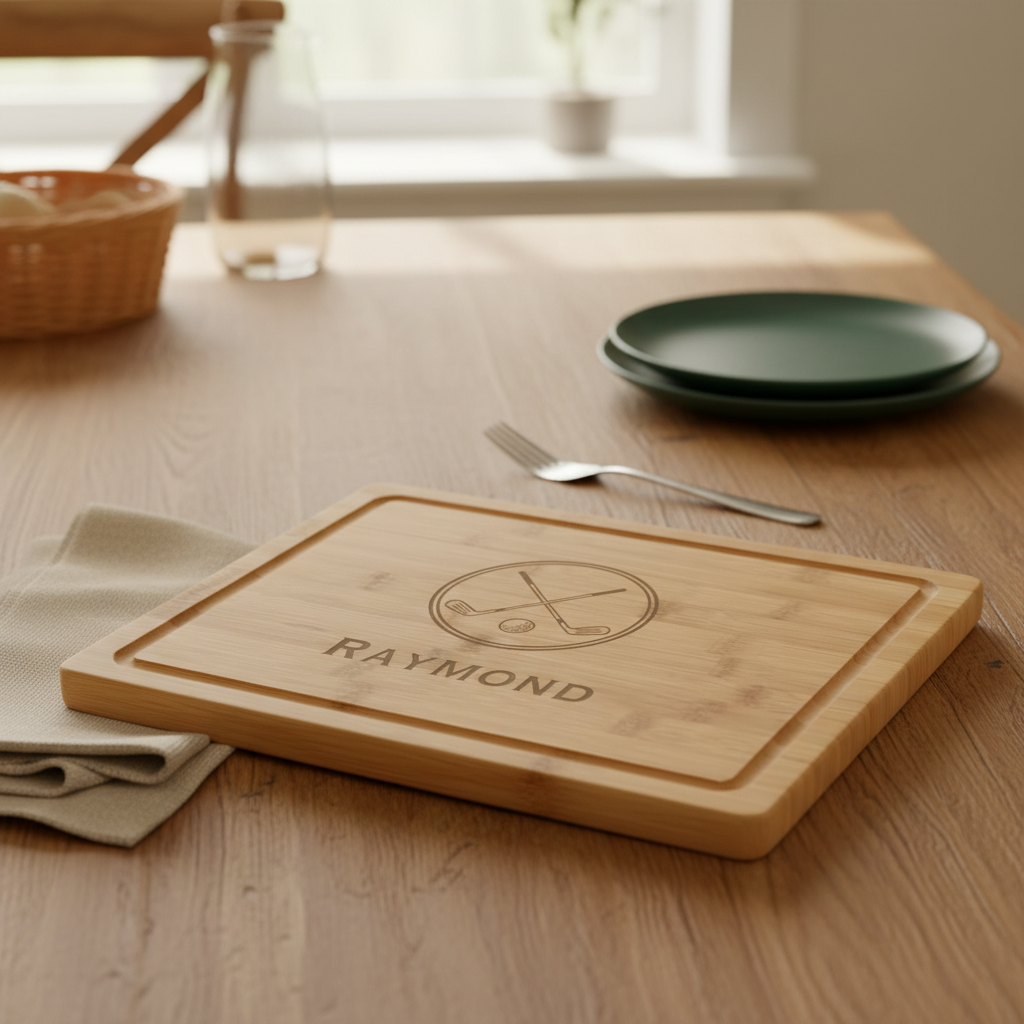 Personalized golf cutting board for women showing crossed clubs design and laser-engraved name on bamboo
