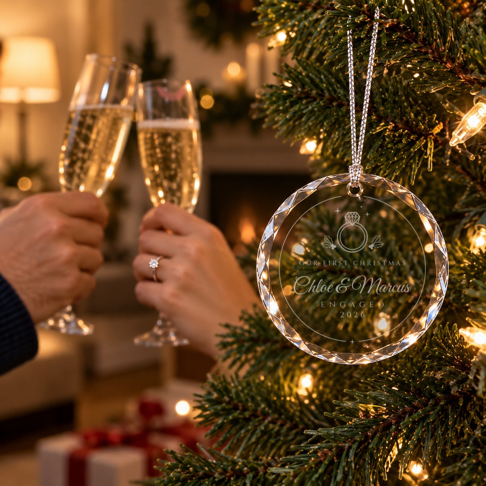 Engaged couple clinking champagne beside a Christmas tree with the engraved engagement ornament in front, reading Chloe & Marcus, ENGAGED 2026