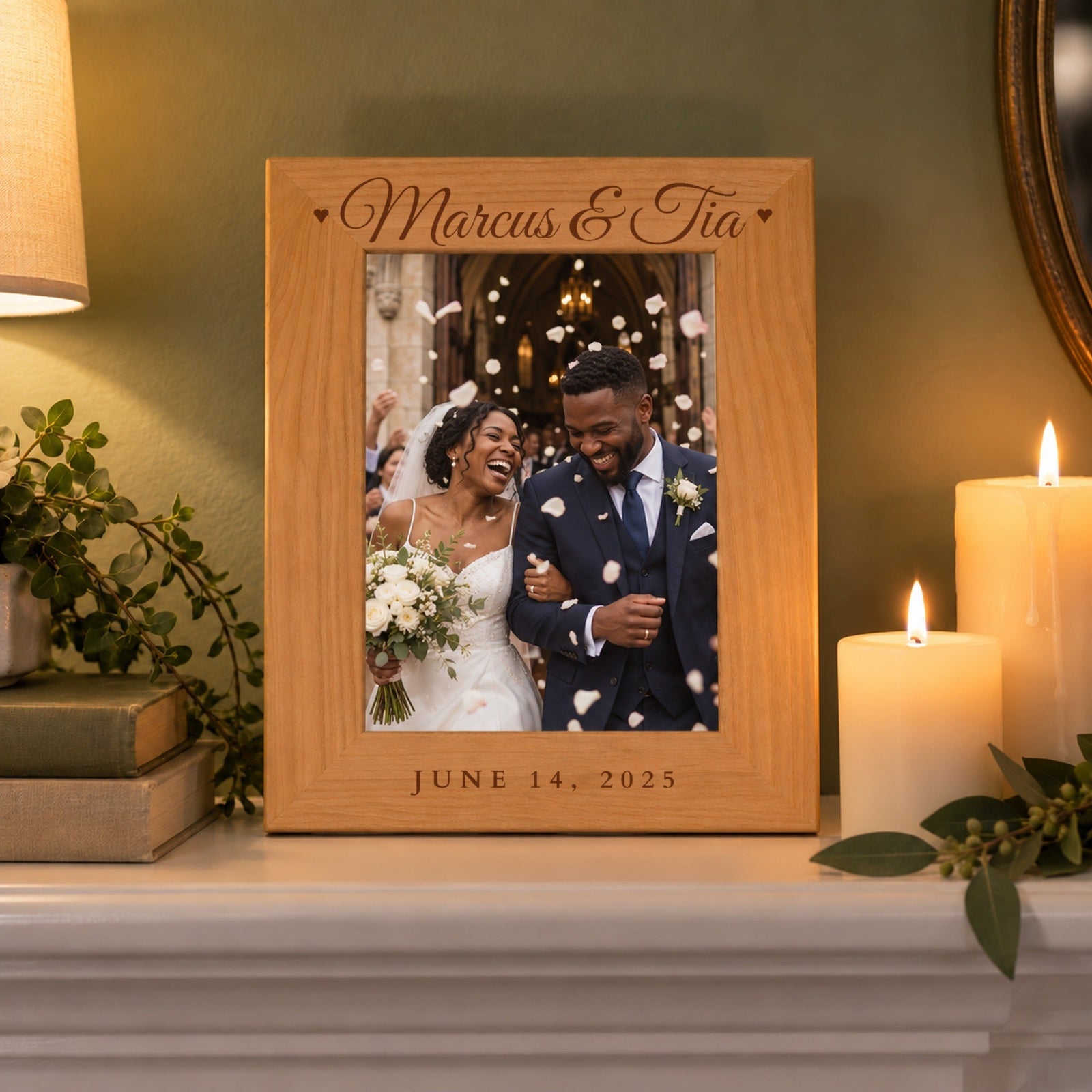 Engraved wedding picture frame reading Marcus & Tia and June 14, 2025, holding a wedding photo on a mantel beside candles, an anniversary gift for her