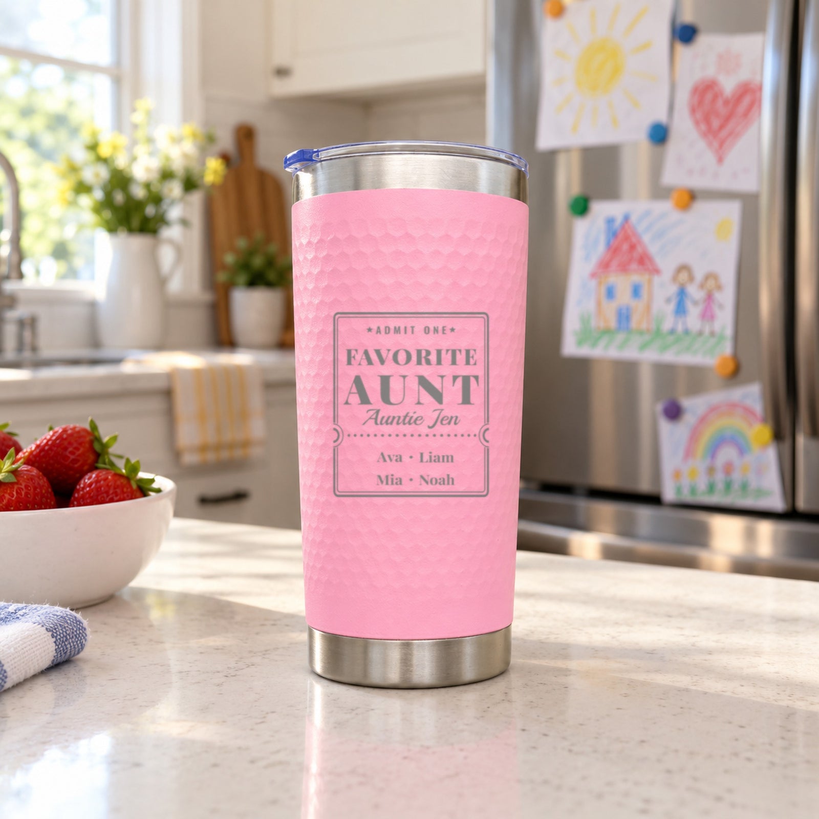 Pink textured tumbler engraved with a Favorite Aunt ticket for Auntie Jen with Ava, Liam, Mia and Noah, a personalized gift for an aunt