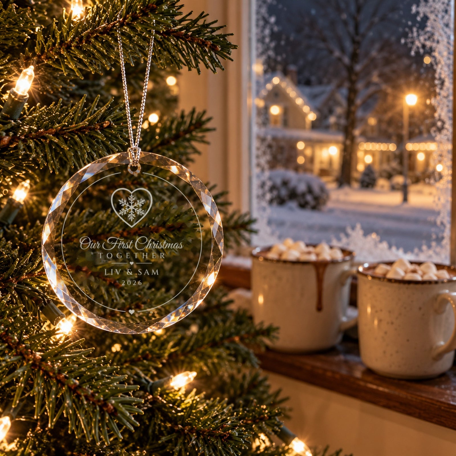 Snowflake Heart couple ornament engraved Our First Christmas Together, LIV & SAM, 2026 on a tree by a snowy window with two mugs of hot cocoa