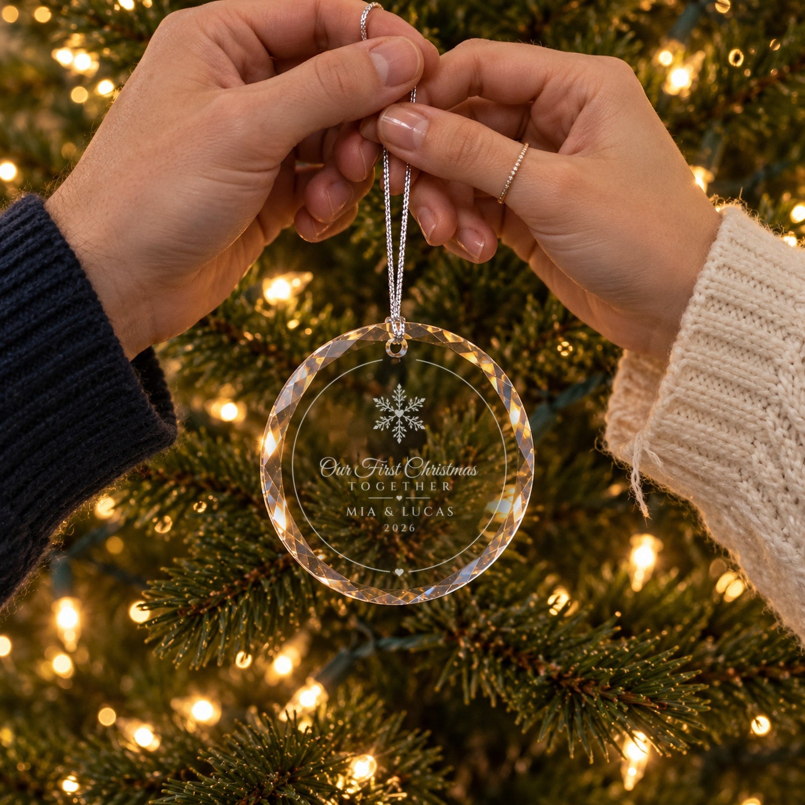 A couple's hands holding the Classic Snowflake Our First Christmas Together ornament by the tree, engraved MIA & LUCAS, 2026