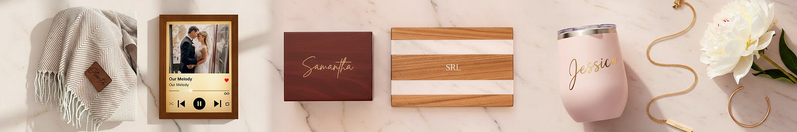 Collection of personalized gifts for women including a custom blanket, photo frame, card, moogrammed cutting board, and engraved tumbler on a light background.