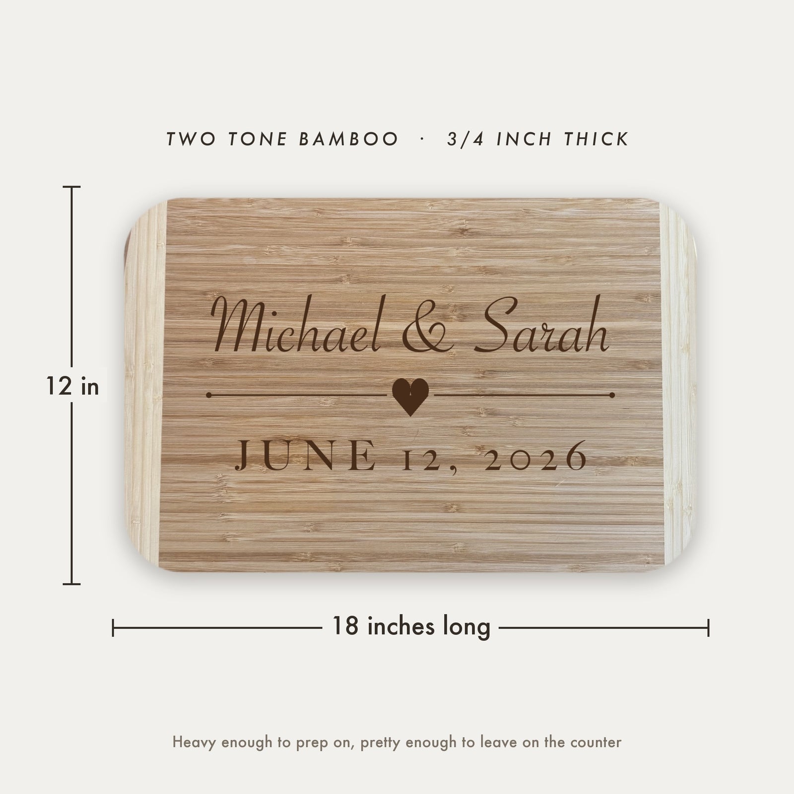 Dimension diagram of the personalized couples cutting board showing 18 inches long by 12 inches wide, in two tone bamboo at three quarters of an inch thick.