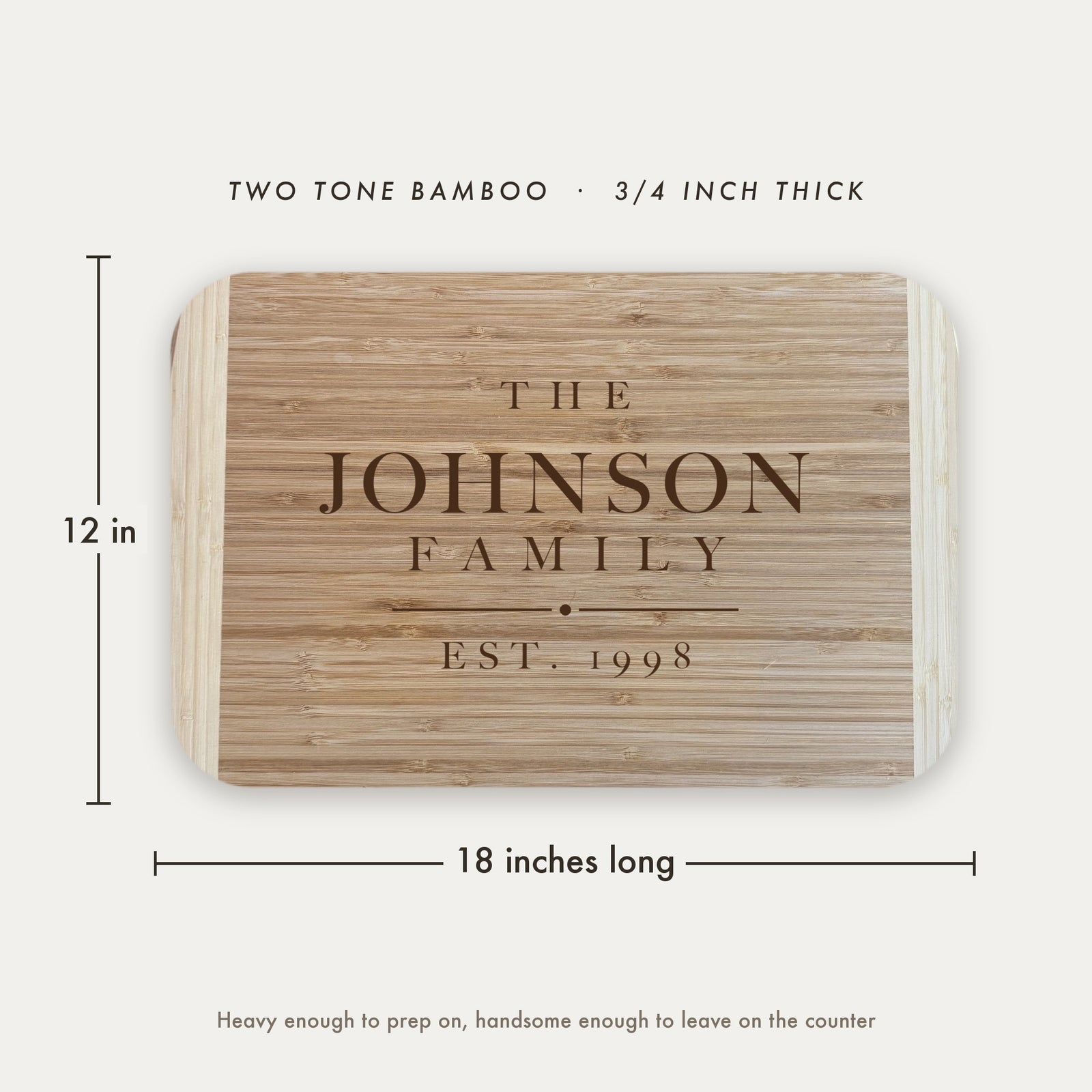 Dimension diagram of the personalized family name cutting board showing 18 inches long by 12 inches wide, in two tone bamboo at three quarters of an inch thick.
