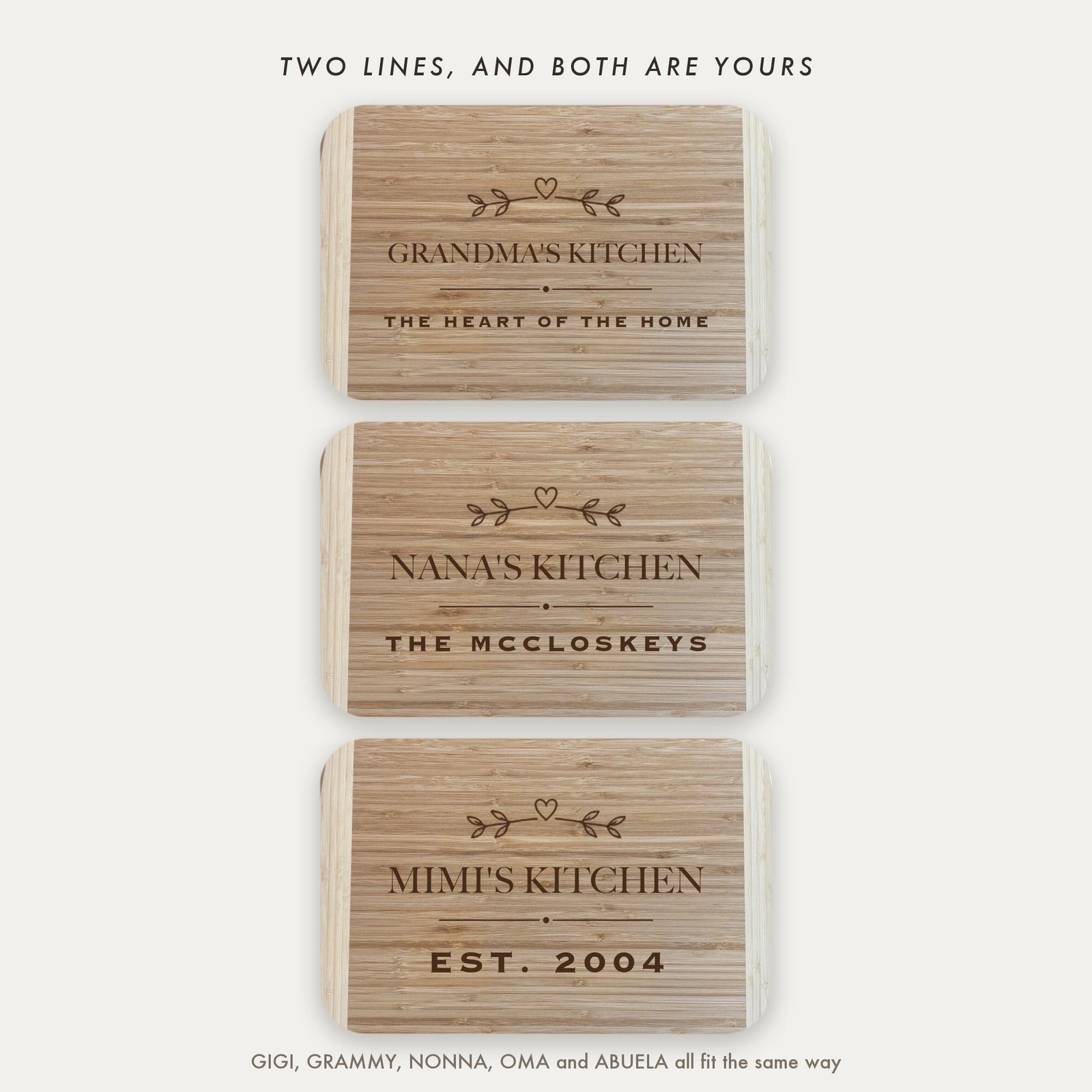 Three personalized cutting boards engraved GRANDMA'S KITCHEN, NANA'S KITCHEN and MIMI'S KITCHEN with different second lines, showing the options on this engraved board.