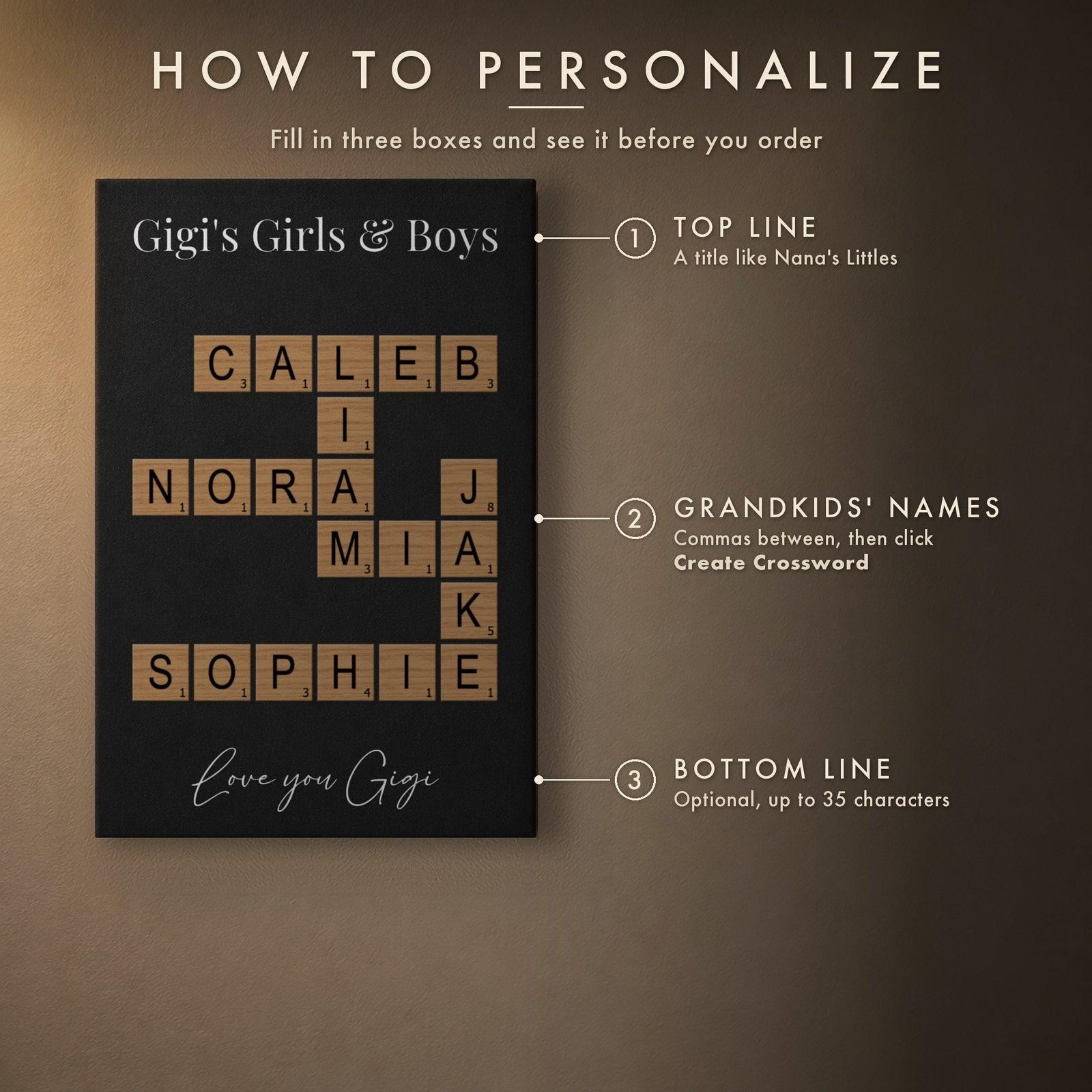 How to personalize the grandkids crossword sign for Grandma: add a top line, type the grandkids' names and click Create Crossword, then a bottom line