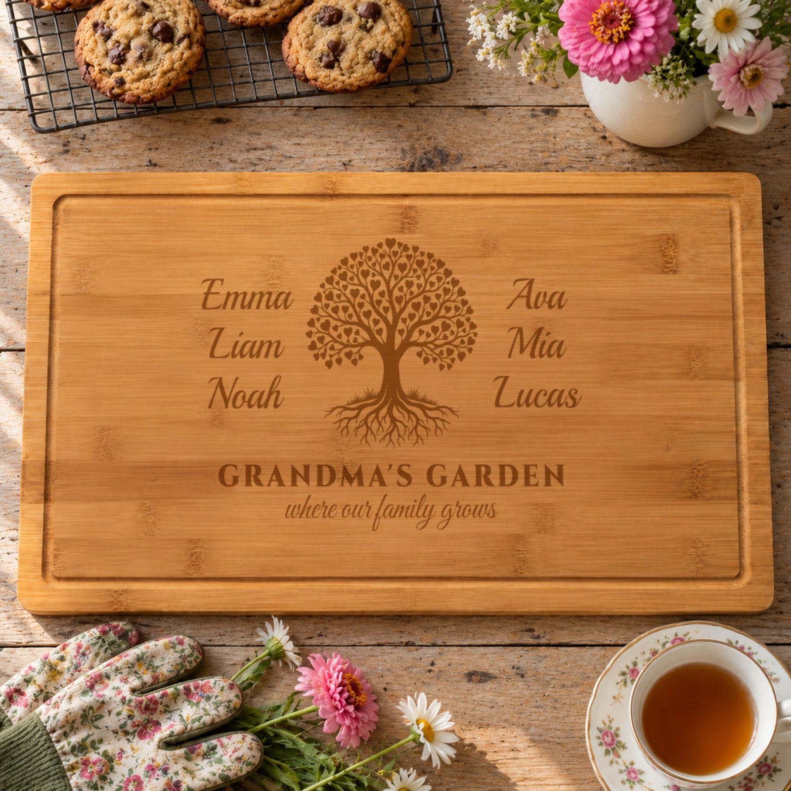 Grandma cutting board engraved with six grandkids' names beside a heart-leaf family tree, GRANDMA'S GARDEN where our family grows, with cookies and flowers