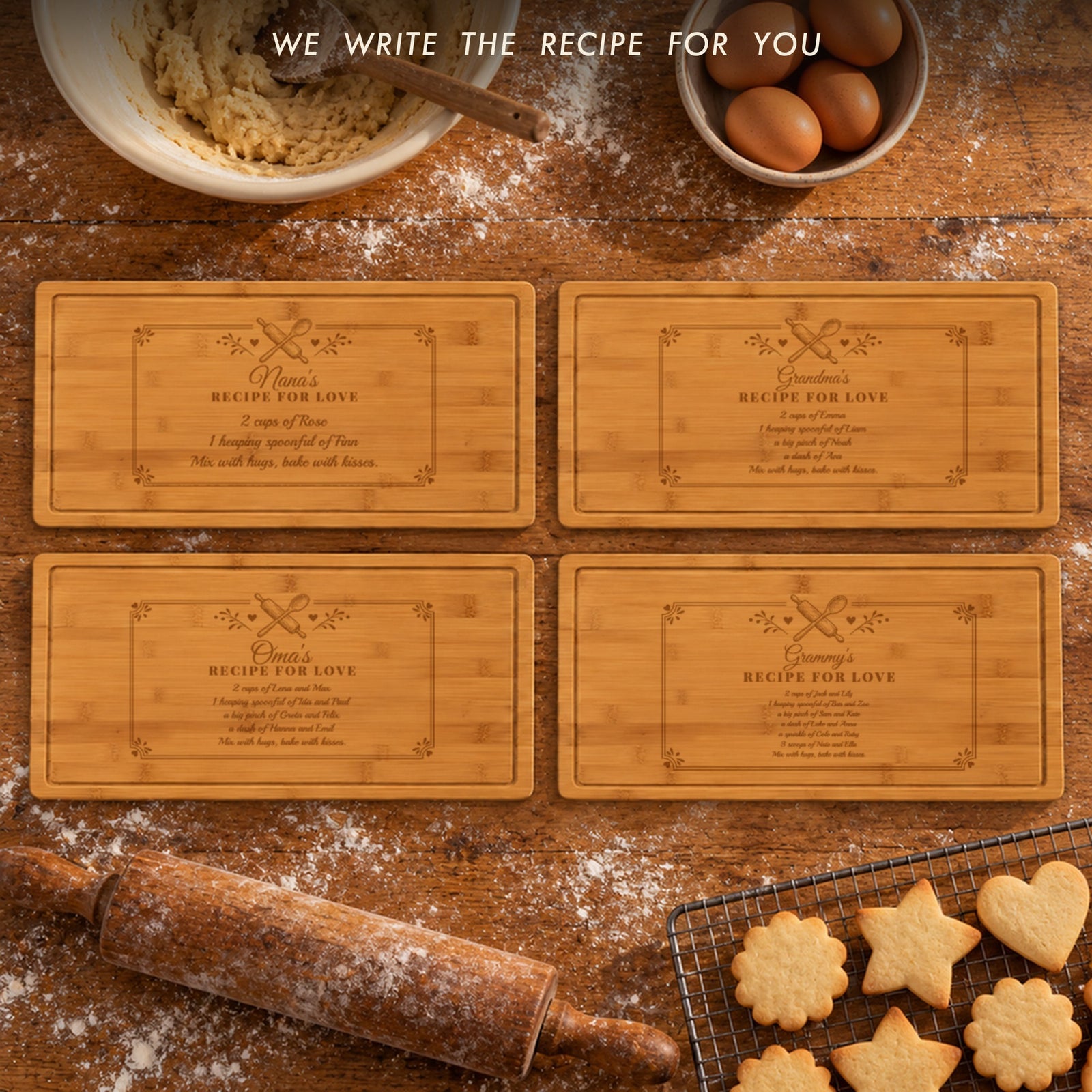 Four grandma recipe cutting boards with 2, 4, 8 and 12 grandkids' names: Nana's, Grandma's, Oma's and Grammy's Recipe for Love