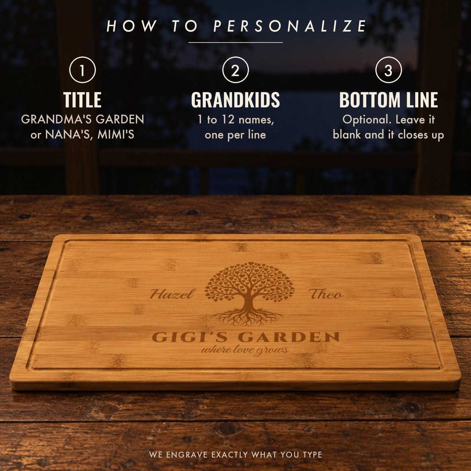 How to personalize the grandma cutting board: a title like GIGI'S GARDEN, 1 to 12 grandkids' names one per line, and an optional script line