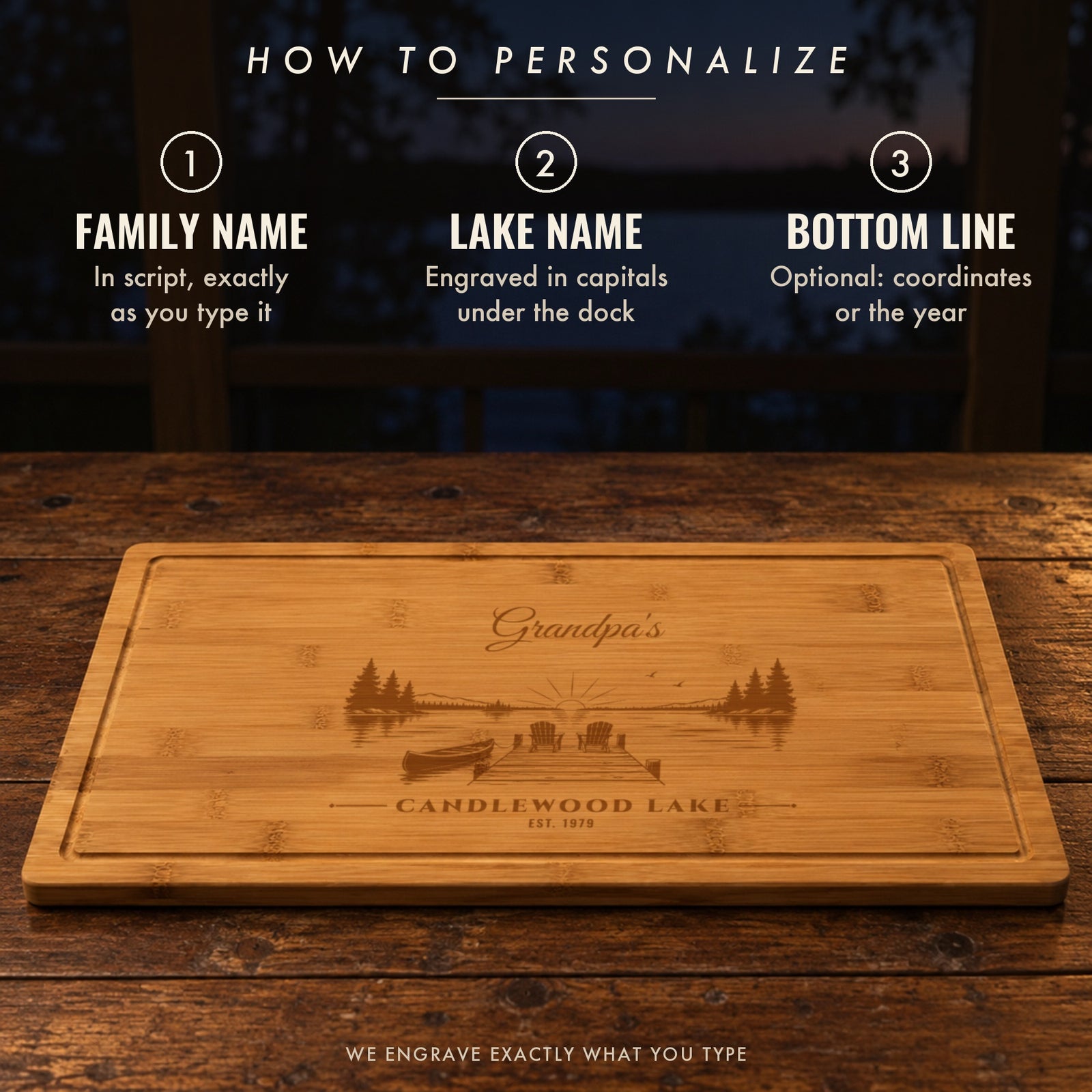 How to personalize the lake house cutting board: a family name in script like Grandpa's, the lake name like Candlewood Lake, and an optional bottom line