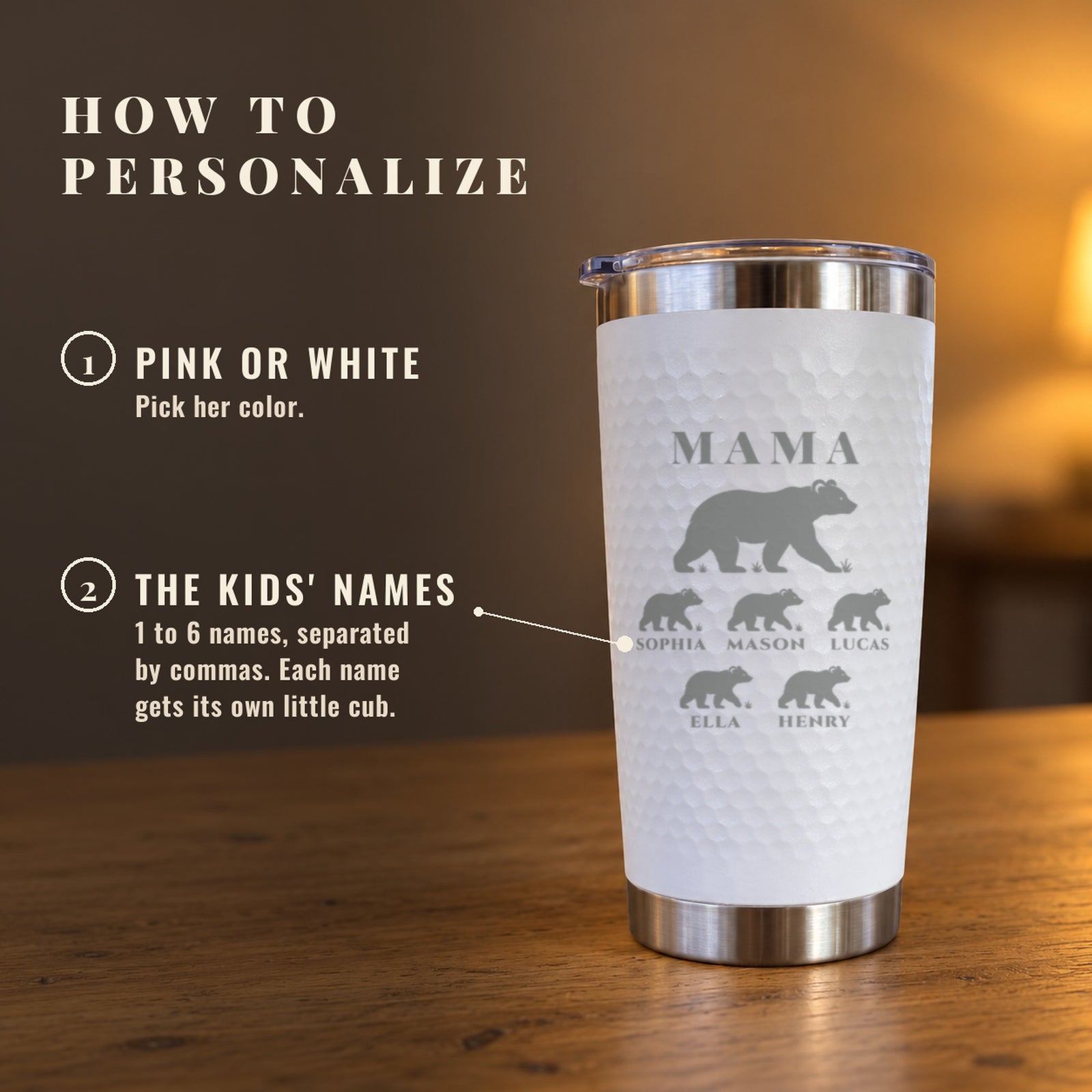 How to personalize the mama bear tumbler: pick pink or white, then enter one to six kids' names and each name gets its own cub