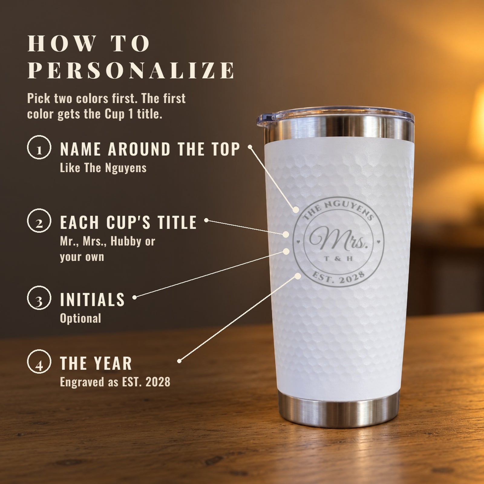 How to personalize the Mr. and Mrs. tumblers: the name around the top, a title for each cup, optional initials and the wedding year
