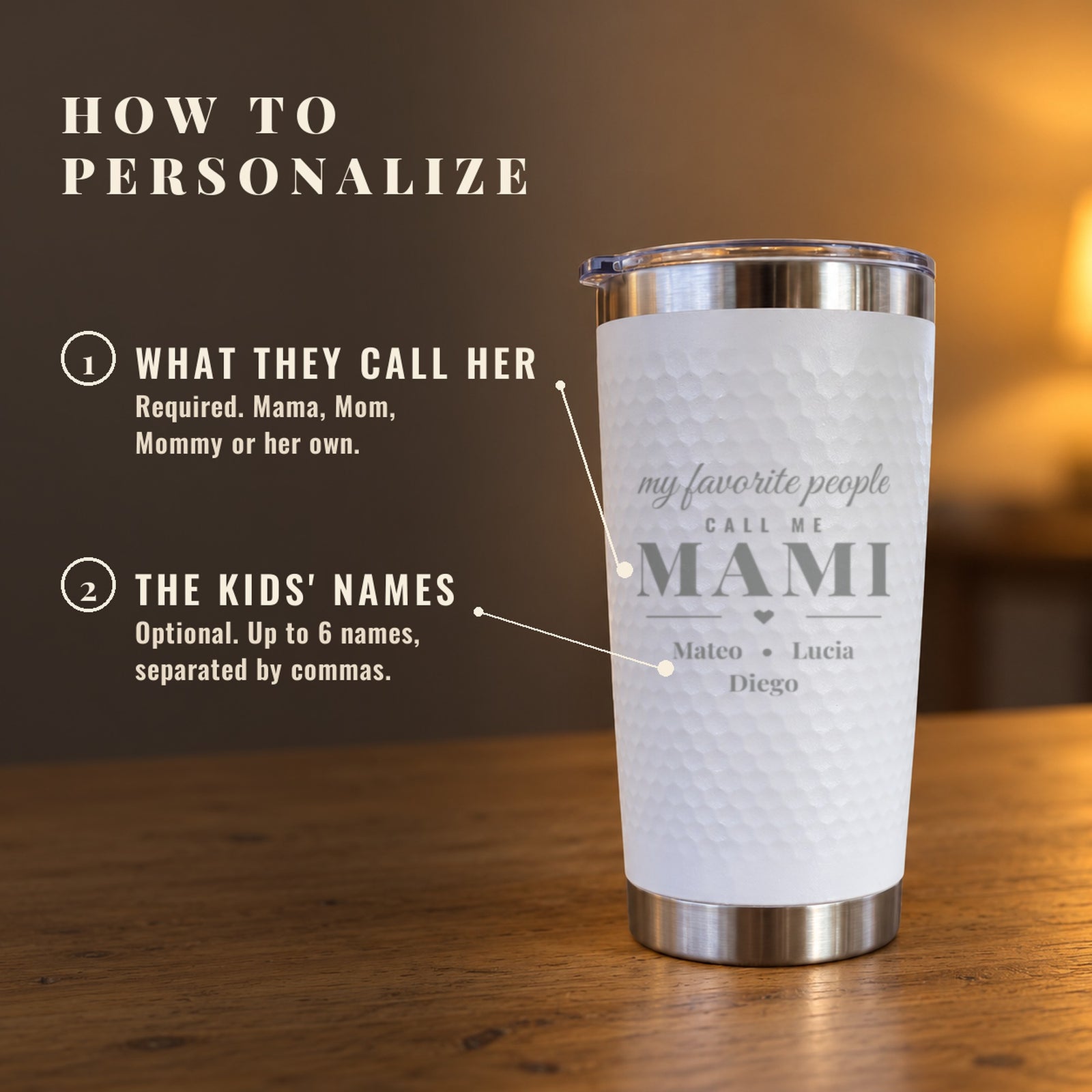 How to personalize the mom tumbler: enter what her kids call her, then add up to six kids' names if you like, separated by commas