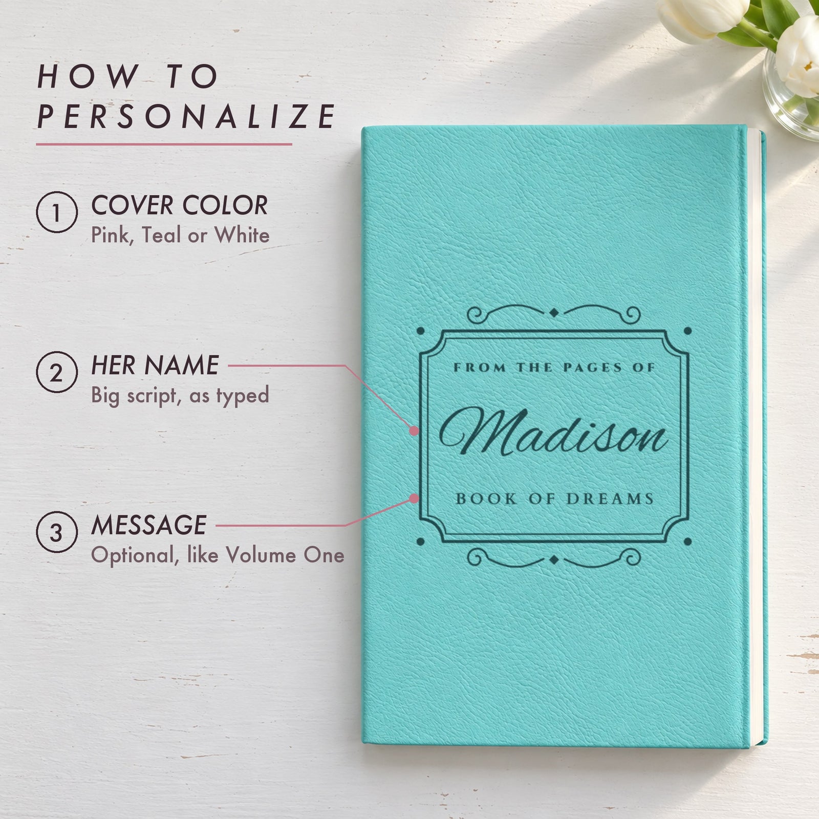 How to personalize the bookplate name journal: choose a cover color, type her name and an optional short message, shown in teal for Madison