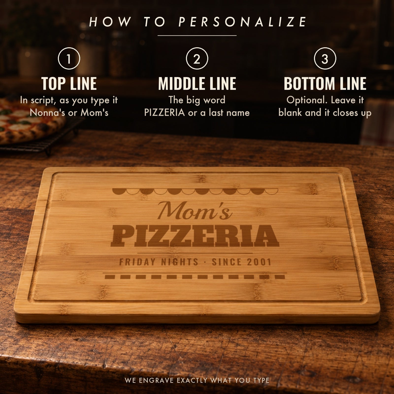 How to personalize the pizza board: her name in script like Mom's, a big middle word like PIZZERIA, and an optional line like FRIDAY NIGHTS SINCE 2001
