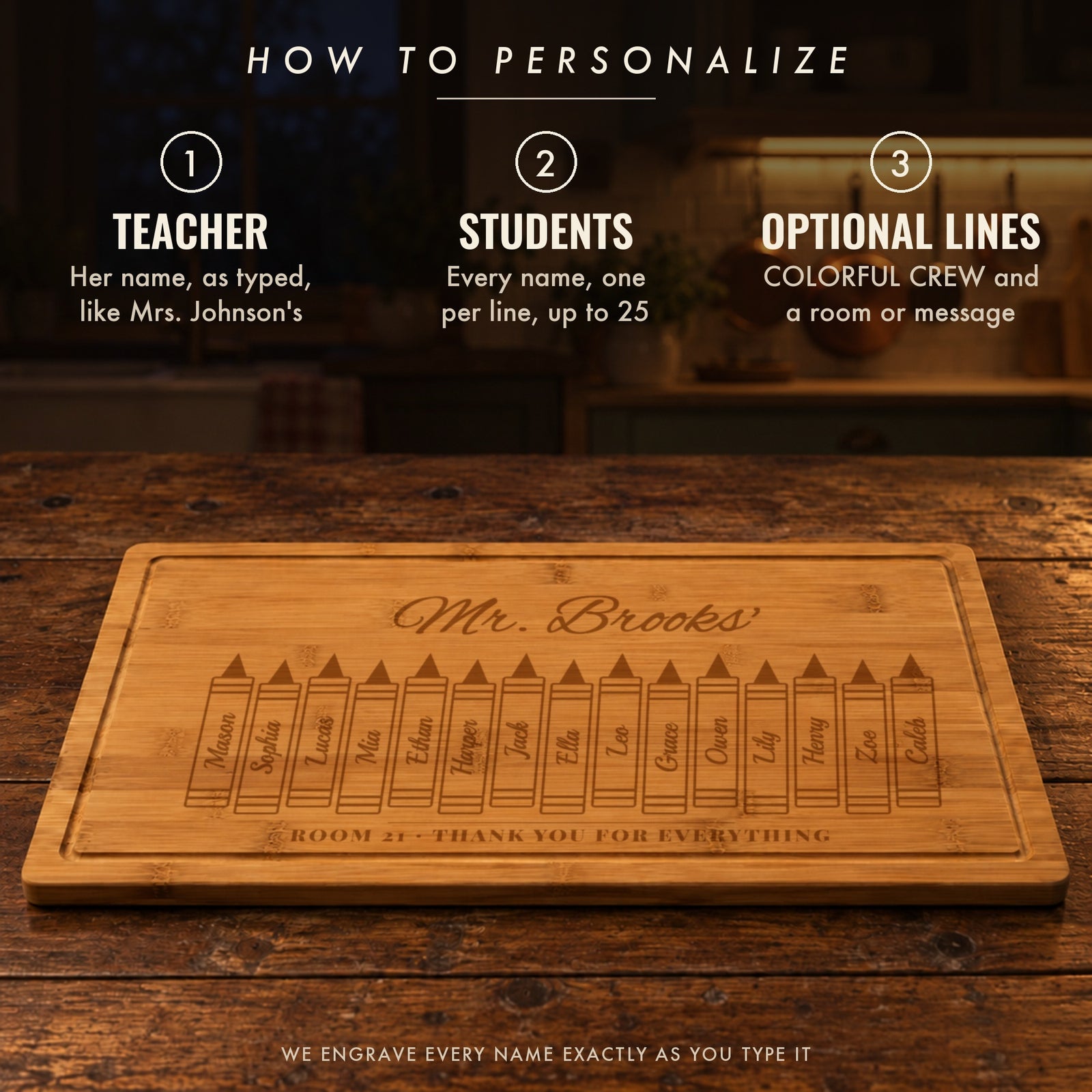How to personalize the teacher crayon board: the teacher's name, every student's name one per line, and two optional lines like ROOM 21