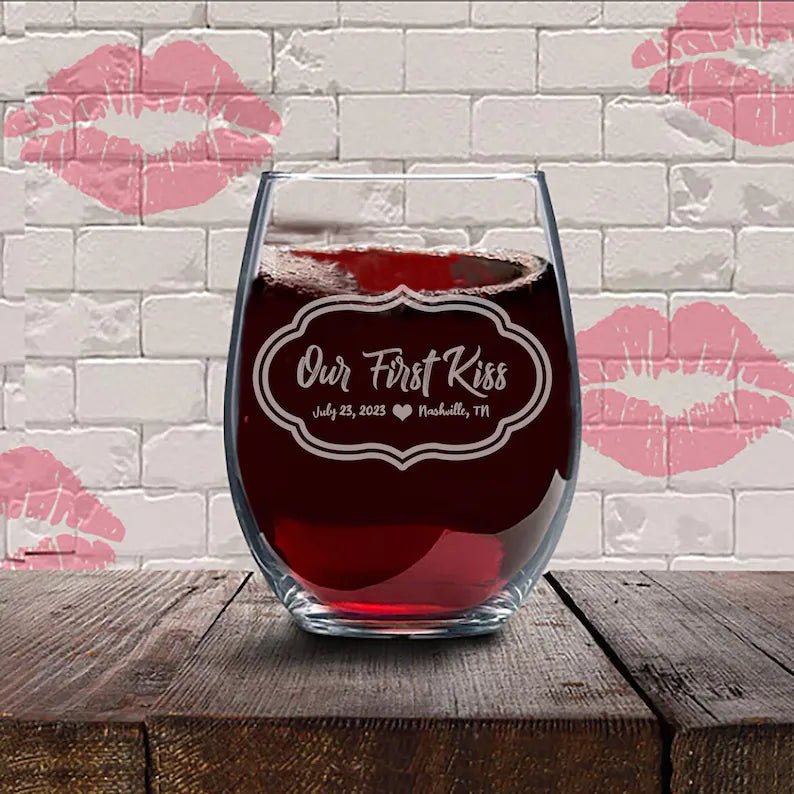 Personalized Our First Kiss Wine Glass for her, Customized Gifts for Women by Groovy Girl Gifts