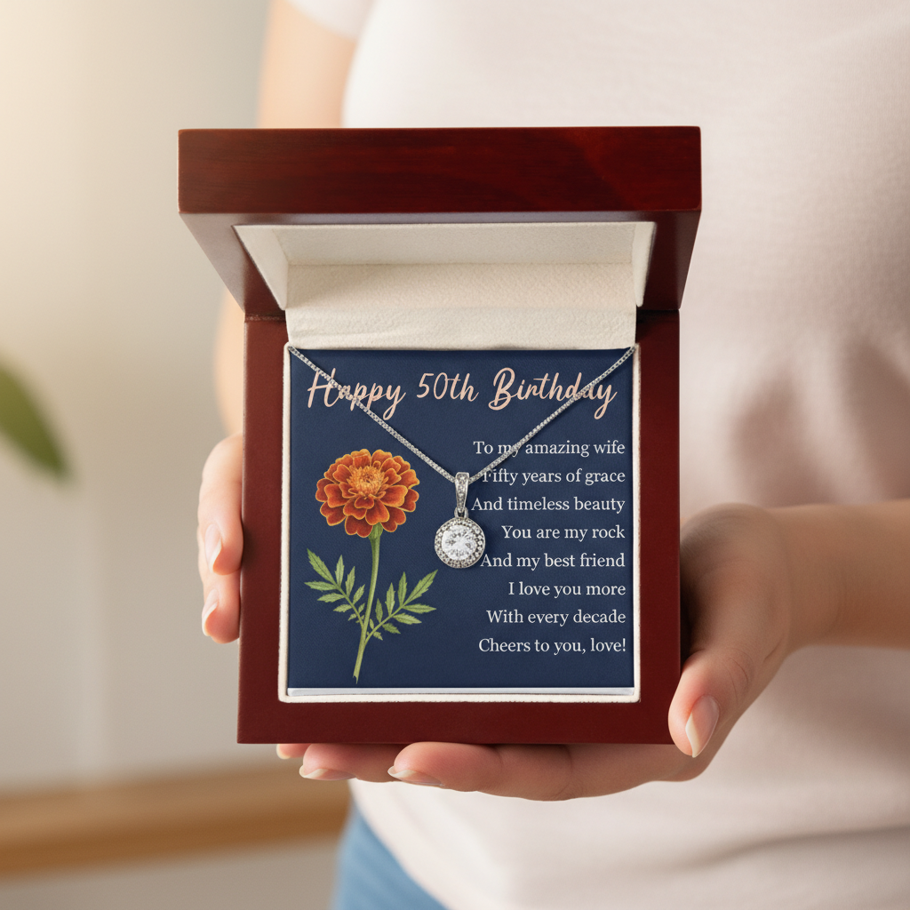 Mahogany gift box held in hands, open to reveal navy card with "Happy 50th Birthday" message, orange birth flower illustration, and silver necklace with cushion-cut pendant displayed inside white silk lining.