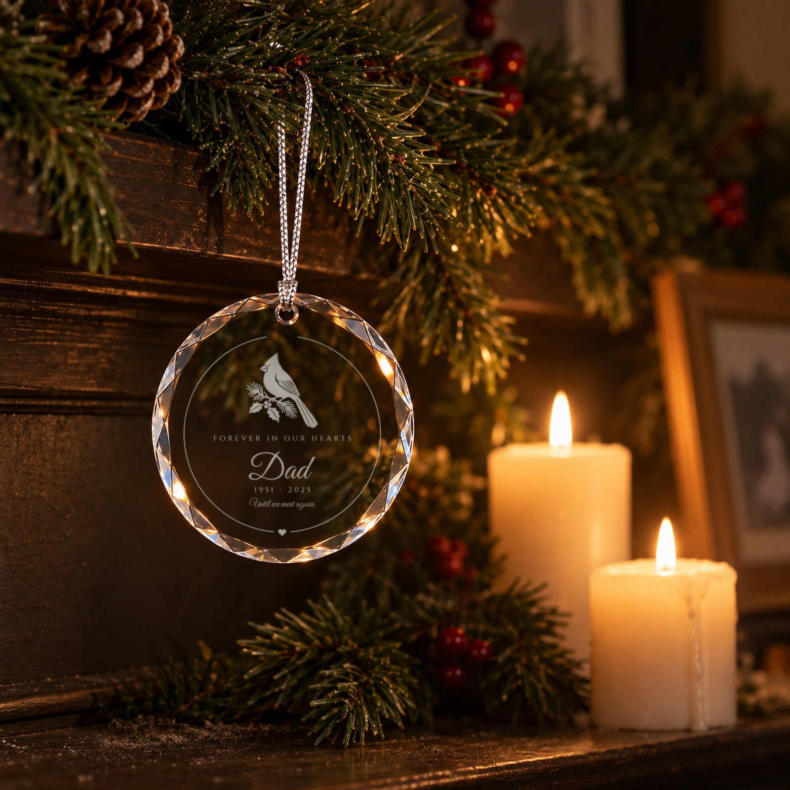 Memorial Christmas ornament hanging from a pine garland on a candlelit mantel, engraved with a cardinal, Forever in Our Hearts, Dad, 1951 - 2025