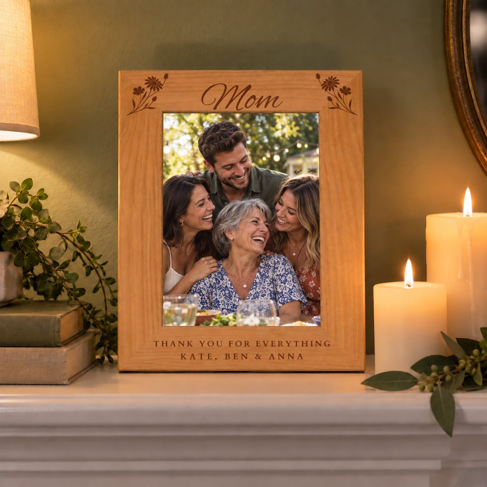 Mom picture frame engraved Thank You for Everything with Kate, Ben & Anna on a mantel, holding a photo of a mom with her three grown children, a gift for Mom from adult kids