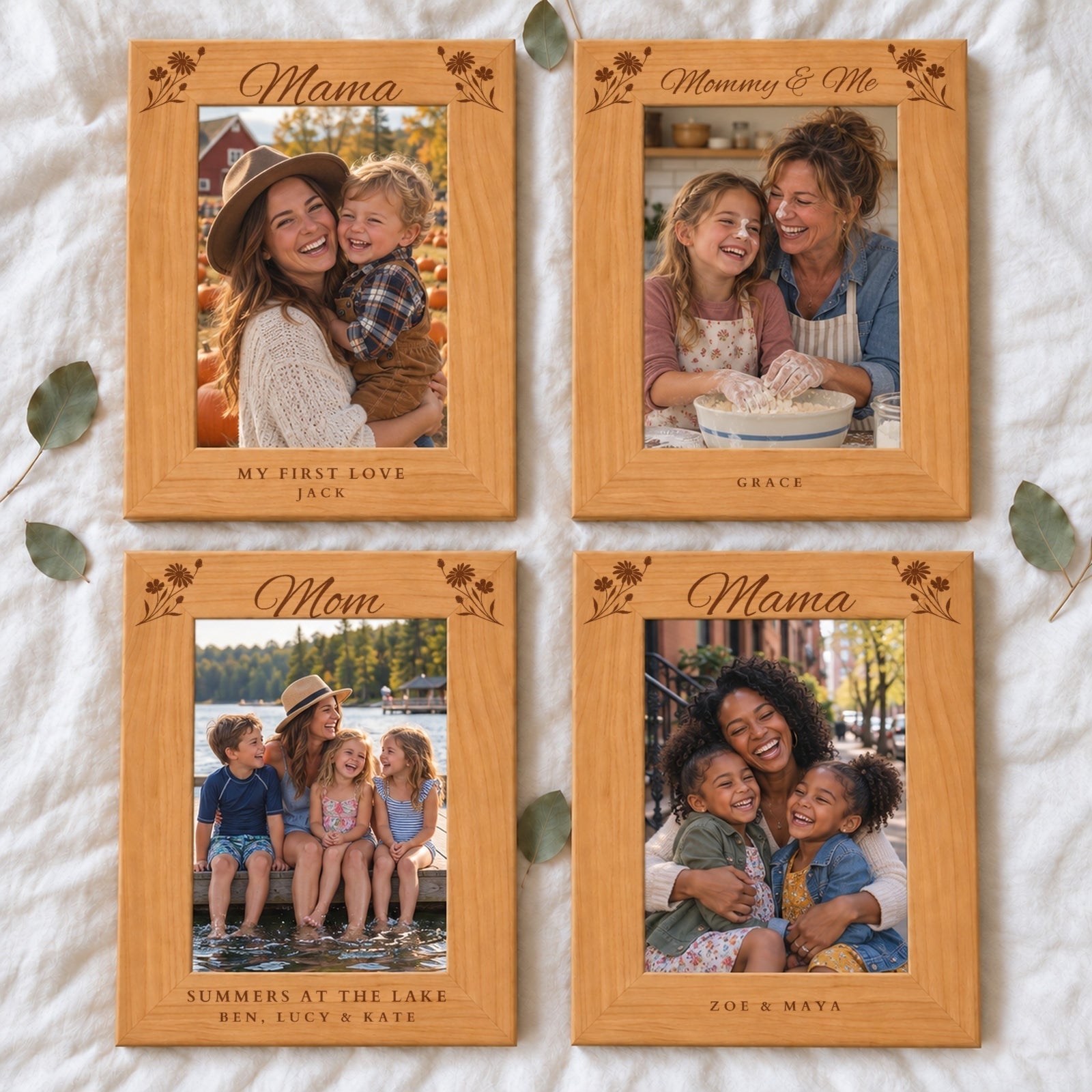 Four engraved mom picture frames: Mama with My First Love and Jack, Mommy & Me with Grace, Mom with Summers at the Lake, and Mama with Zoe & Maya