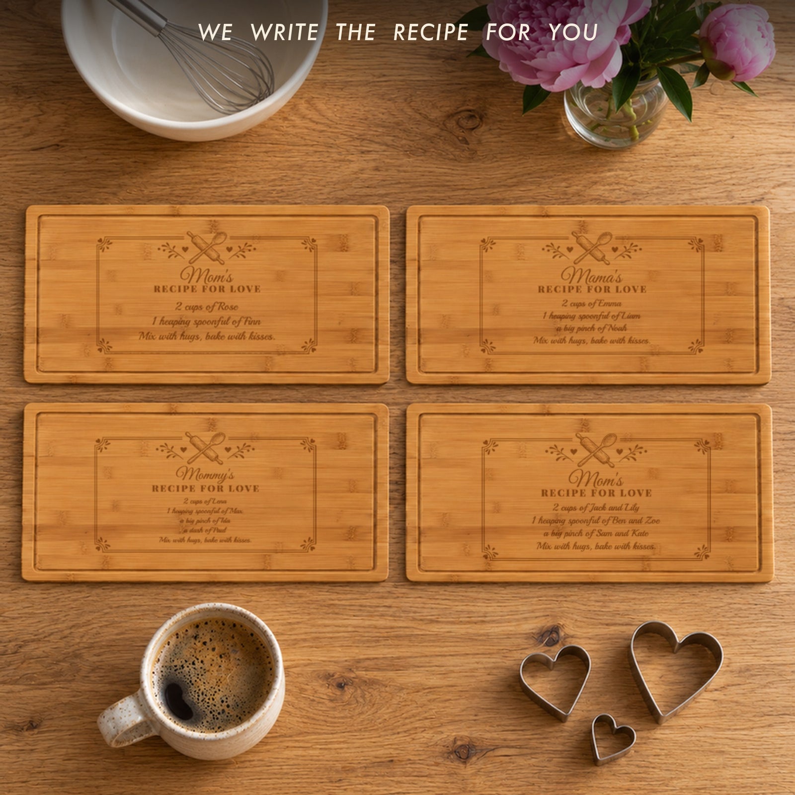 Four mom recipe cutting boards with 2, 3, 4 and 6 kids' names: Mom's, Mama's and Mommy's Recipe for Love, a Christmas gift for mom