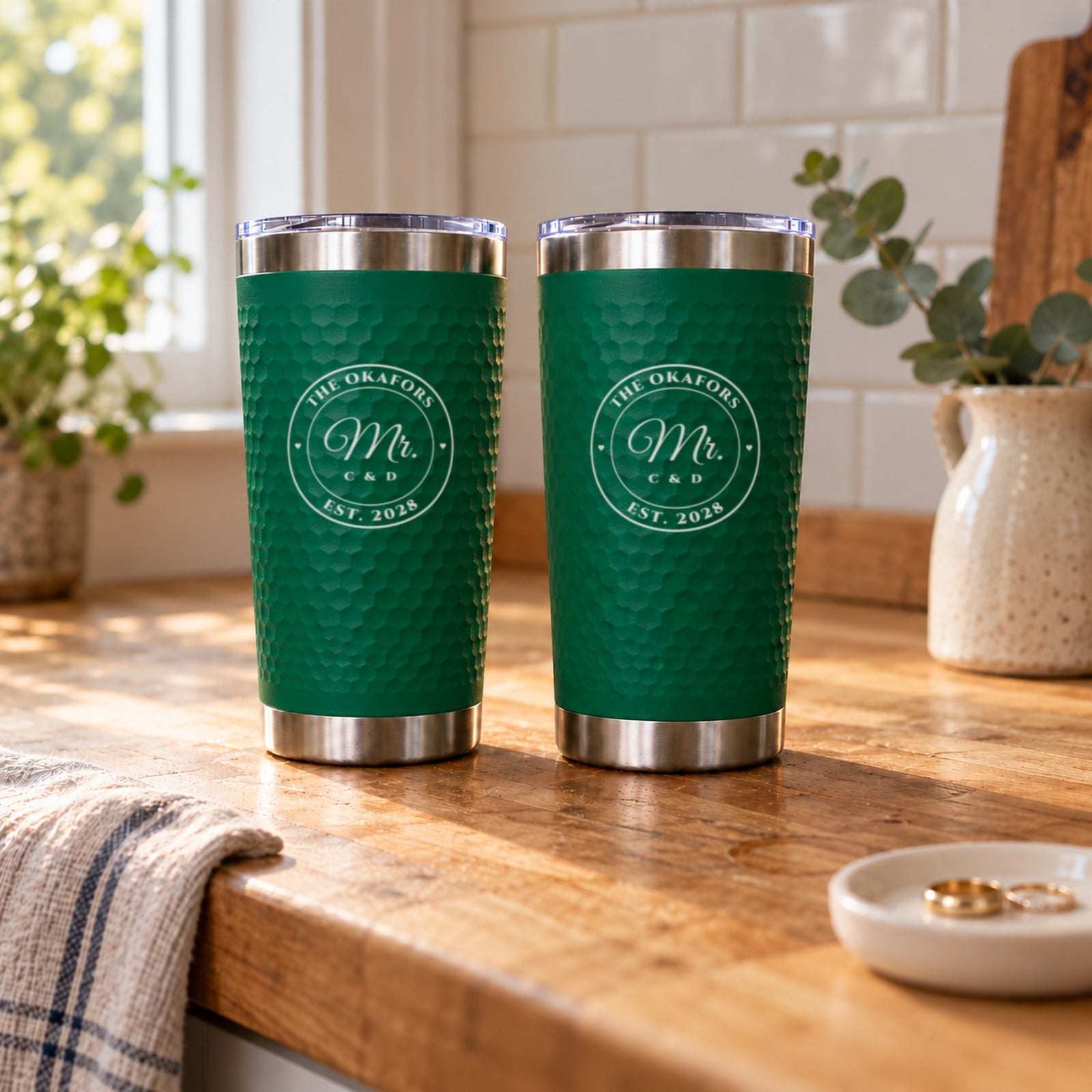 Two green engraved tumblers reading Mr. and Mr. for The Okafors, Est. 2028, the green and green color choice of the couples set