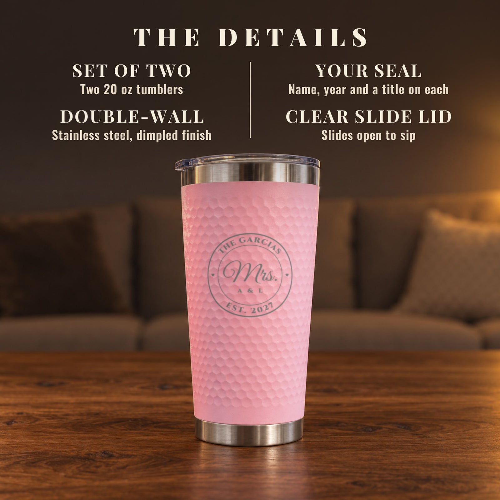 Details of the Mr. and Mrs. tumbler set: two 20 oz double-wall stainless steel tumblers with a dimpled finish and a clear slide lid