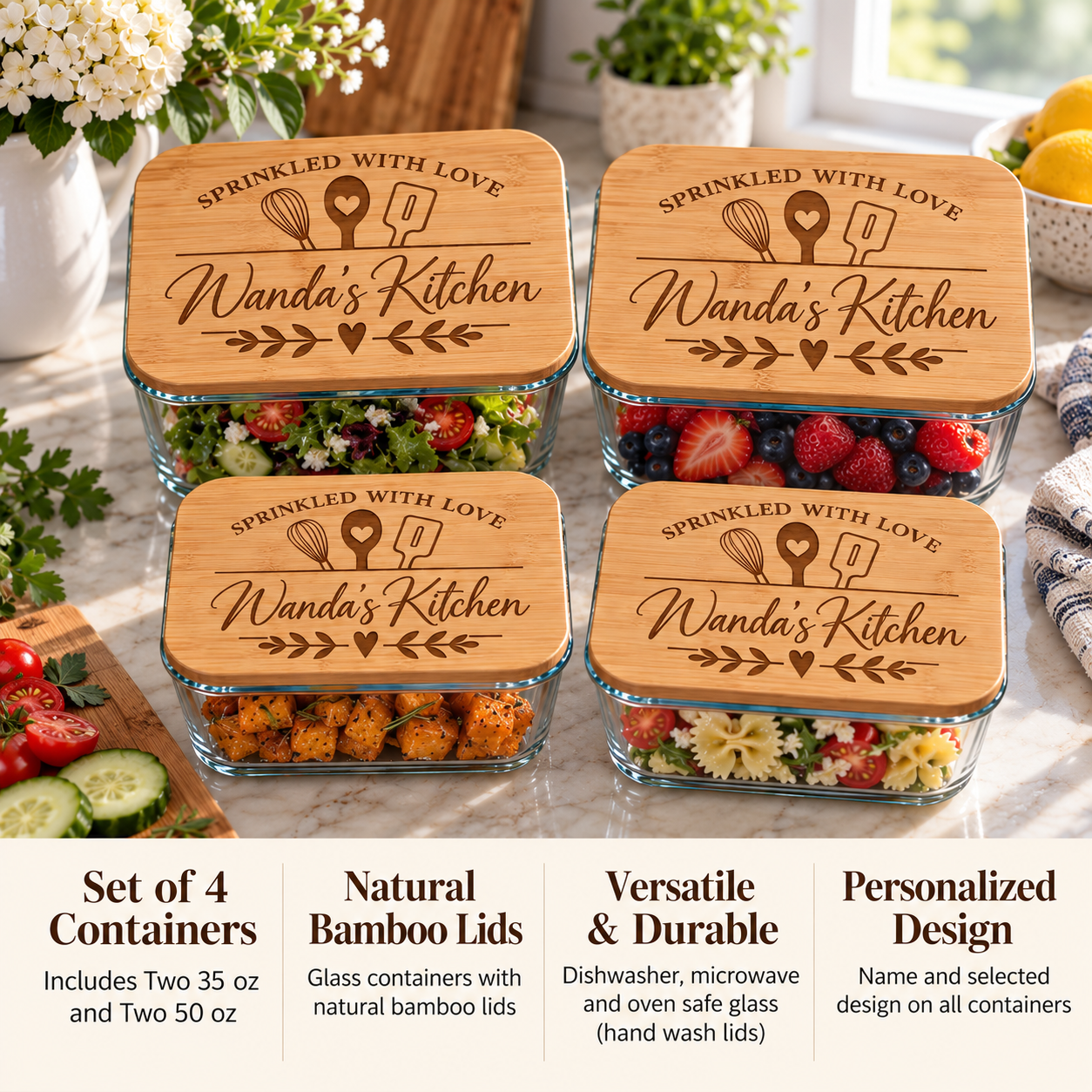 Four engraved bamboo lid glass food storage containers reading Wanda's Kitchen, a set of two 35 oz and two 50 oz with dishwasher safe glass