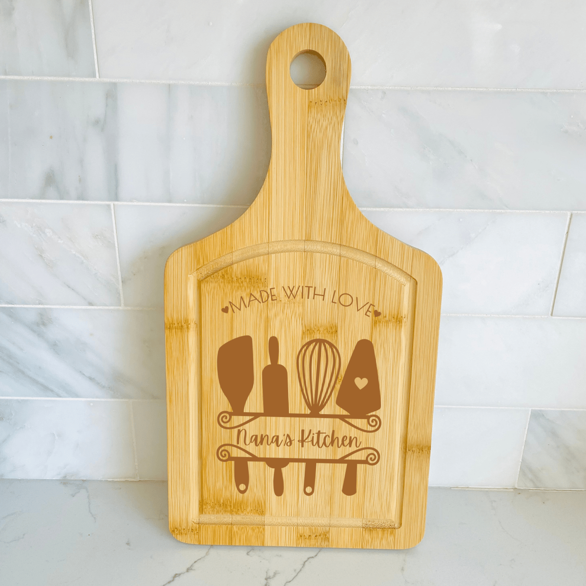 Personalized Made With Love Paddle Cutting Board for her, Customized Gifts for Women by Groovy Girl Gifts