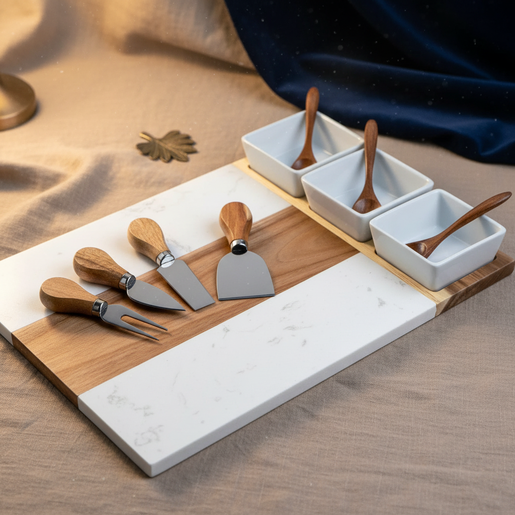Flat lay of the marble and acacia charcuterie board with its bowls, spoons and four charcuterie utensils.