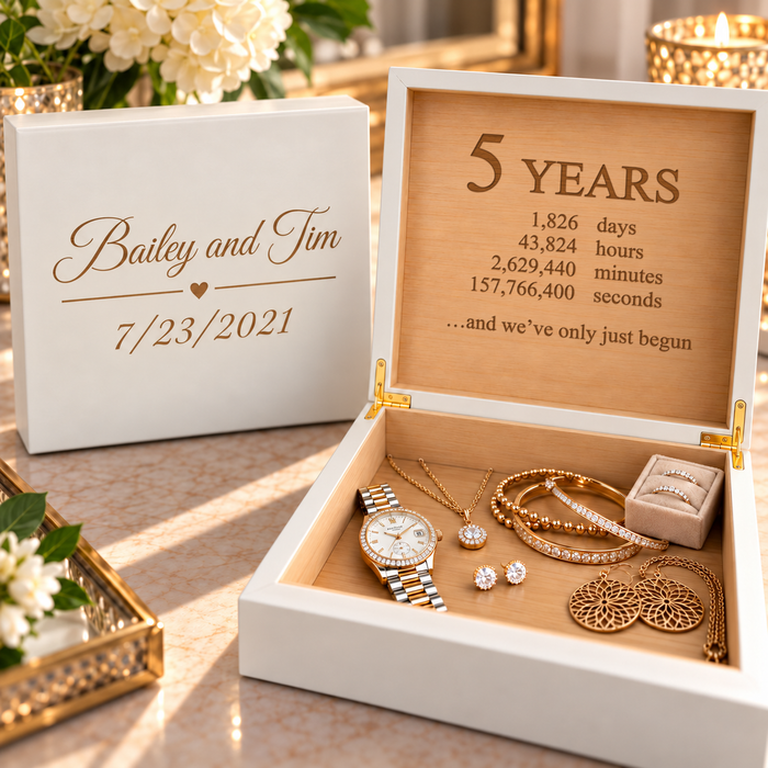 White personalized anniversary jewelry box engraved with Bailey and Tim and 7/23/2021 on the lid, open to a cedar lining engraved 5 years with days, hours, minutes and seconds.
