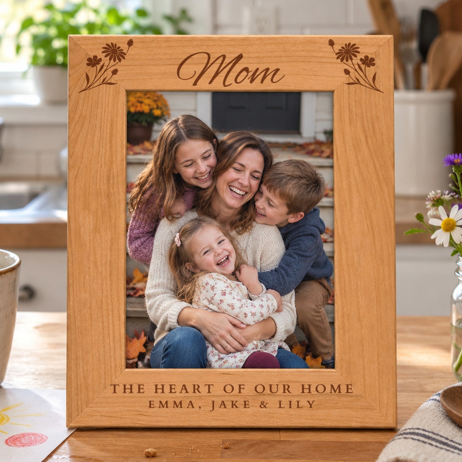 Personalized mom picture frame in red alder engraved Mom between wildflowers with The Heart of Our Home and Emma, Jake & Lily, holding a photo of a mom hugging her three kids