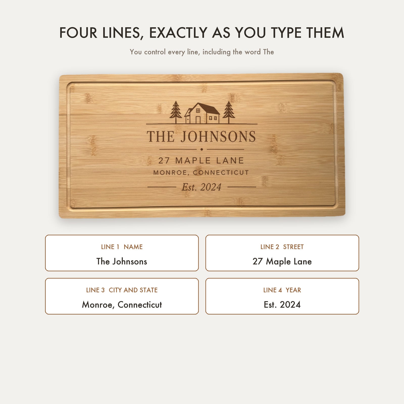 How the closing gift board is personalized, showing all four engraved lines: family name, street address, town and state, and the year they closed.