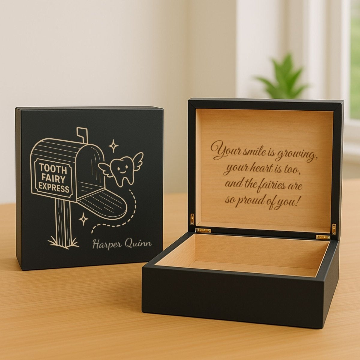 Black personalized tooth fairy keepsake box with a light engraved mailbox and winged tooth design, next to the open box with a message about a growing smile