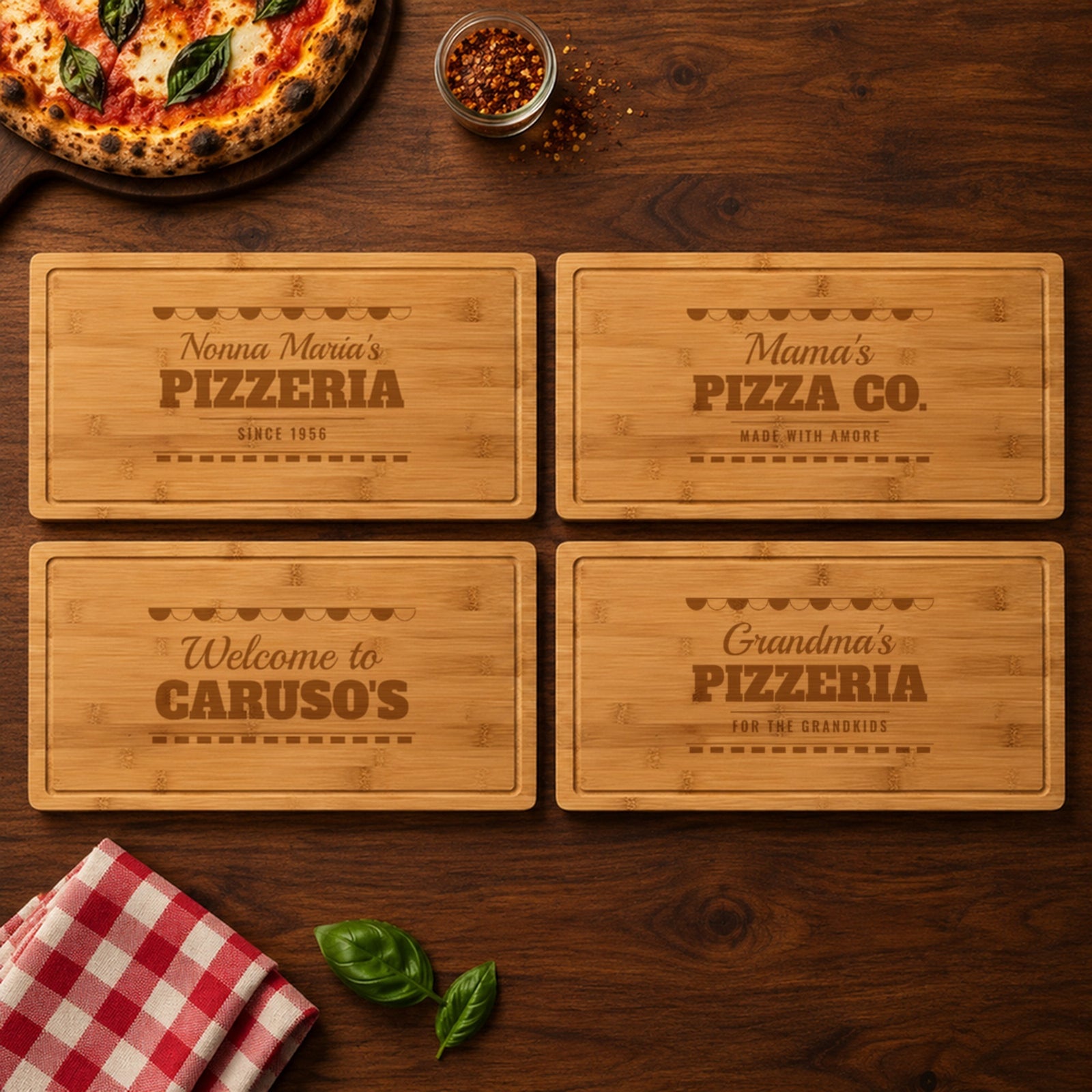 Four engraved pizza boards for moms and grandmas: Nonna Maria's Pizzeria, Mama's Pizza Co., Welcome to Caruso's and Grandma's Pizzeria for the grandkids