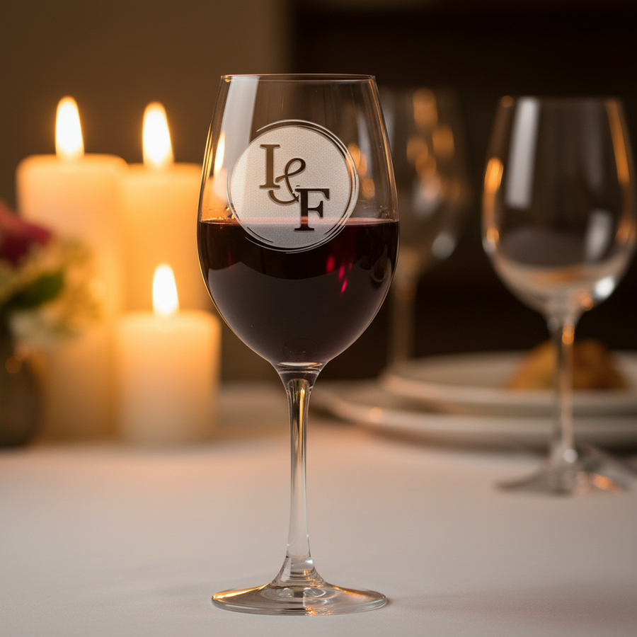 Anniversary Crystal red wine glass at a candlelit anniversary dinner — Stolzle crystal with sand-carved two-initial monogram